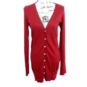 Laundry By Design Silk Cashmere Cardigan Sweater Long Line V Neck Cherry Red S